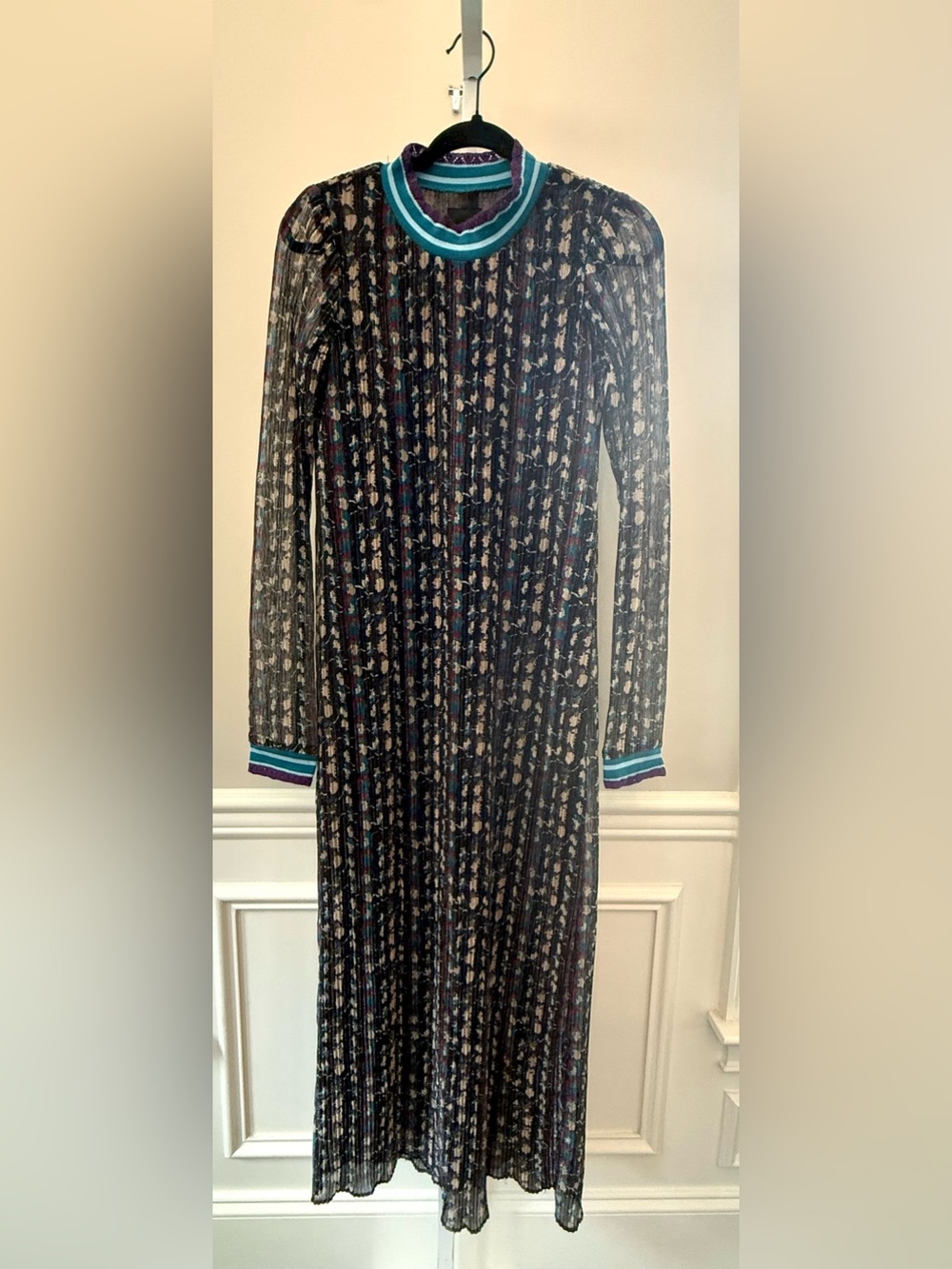 Anna Sui Maxi Dress Black Floral Stripe Sheer Long Sleeve Teal Purple S